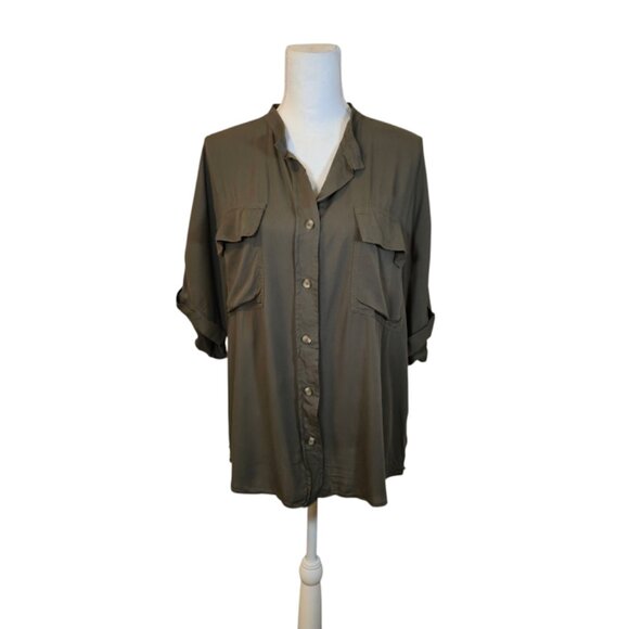 Chico's Army Green Button Up Top Women Size 16 Casual Bohemian Preppy - Picture 1 of 6